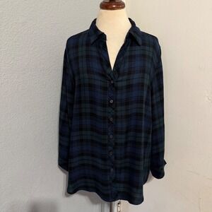Hester & Orchard Womens Plaid Shirt Size L Blue Green Plaid Roll Tab Button Down